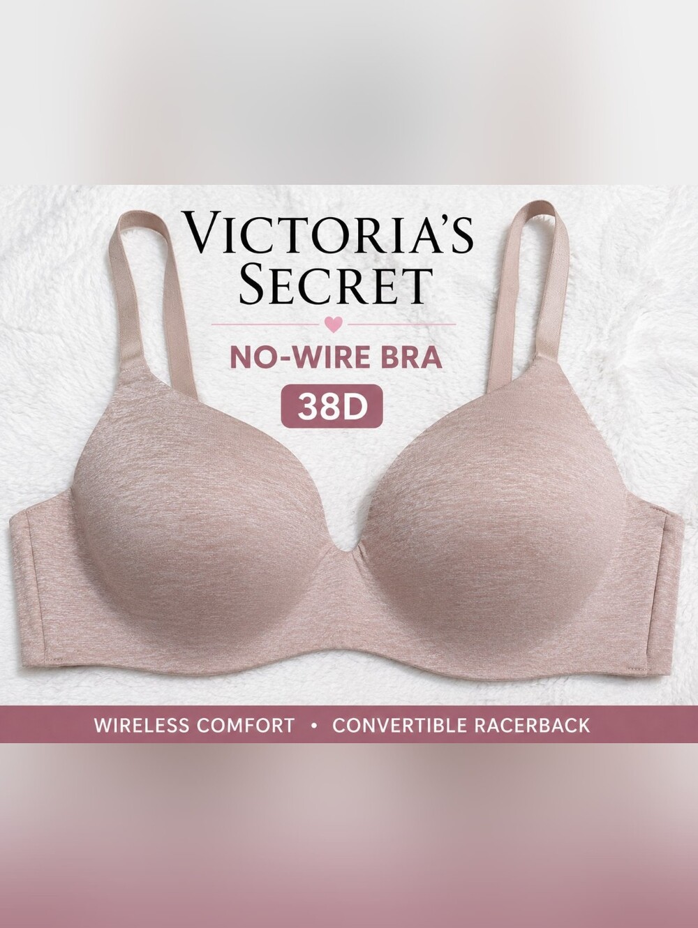 Victoria's Secret No-Wire Bra 38D Nude Convertible Heathered T-Shirt Comfort Bra